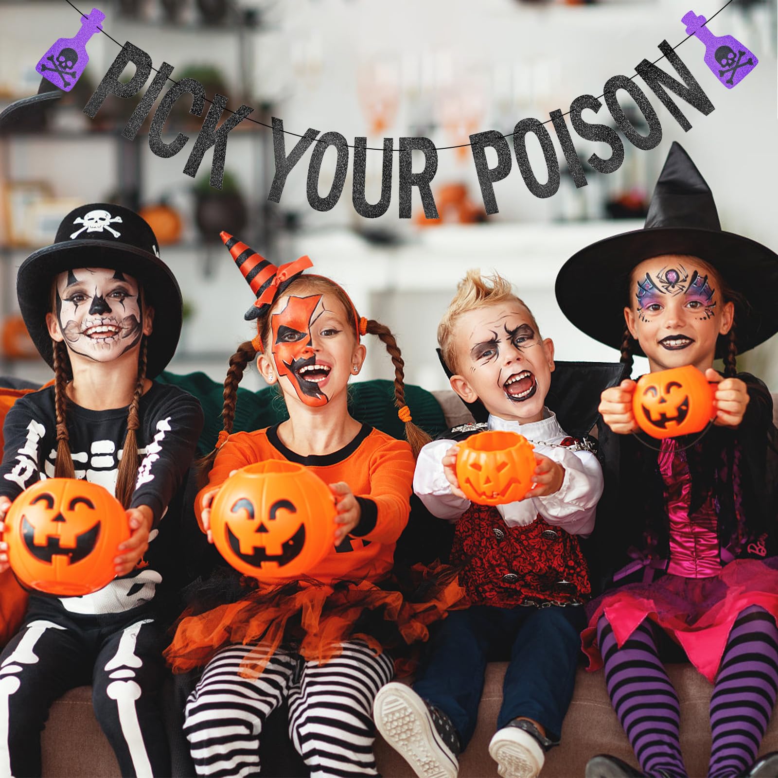 Black Glitter Pick Your Poison Banner - Halloween Hanging Paper Garland Bunting Banner with Purple Potion Bottle Decorations, Photo Backdrop for Wall Home Mantel Office Wall Scary Party Supplies