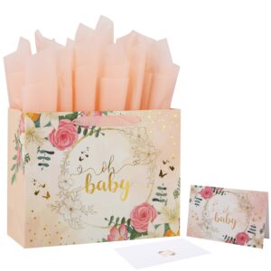 13" large light orange gift bag set with greeting card and tissue paper (gold foil ‘oh baby’) for baby shower, baby girl or boy, girls' birthday party, women's birthday parties - 13”x5.2”x10.2”, 1 pcs.