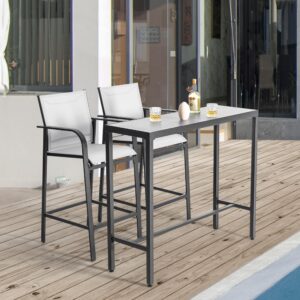 NUU GARDEN 3 Piece Outdoor Bar Set, 2 Textilene High Bar Stools and 1 Patio Bar Table, All-Weather Powder-Coated Frame, Ergonomic Back with Curved Armrests, for Patio, Deck, Garden, Black and Gray