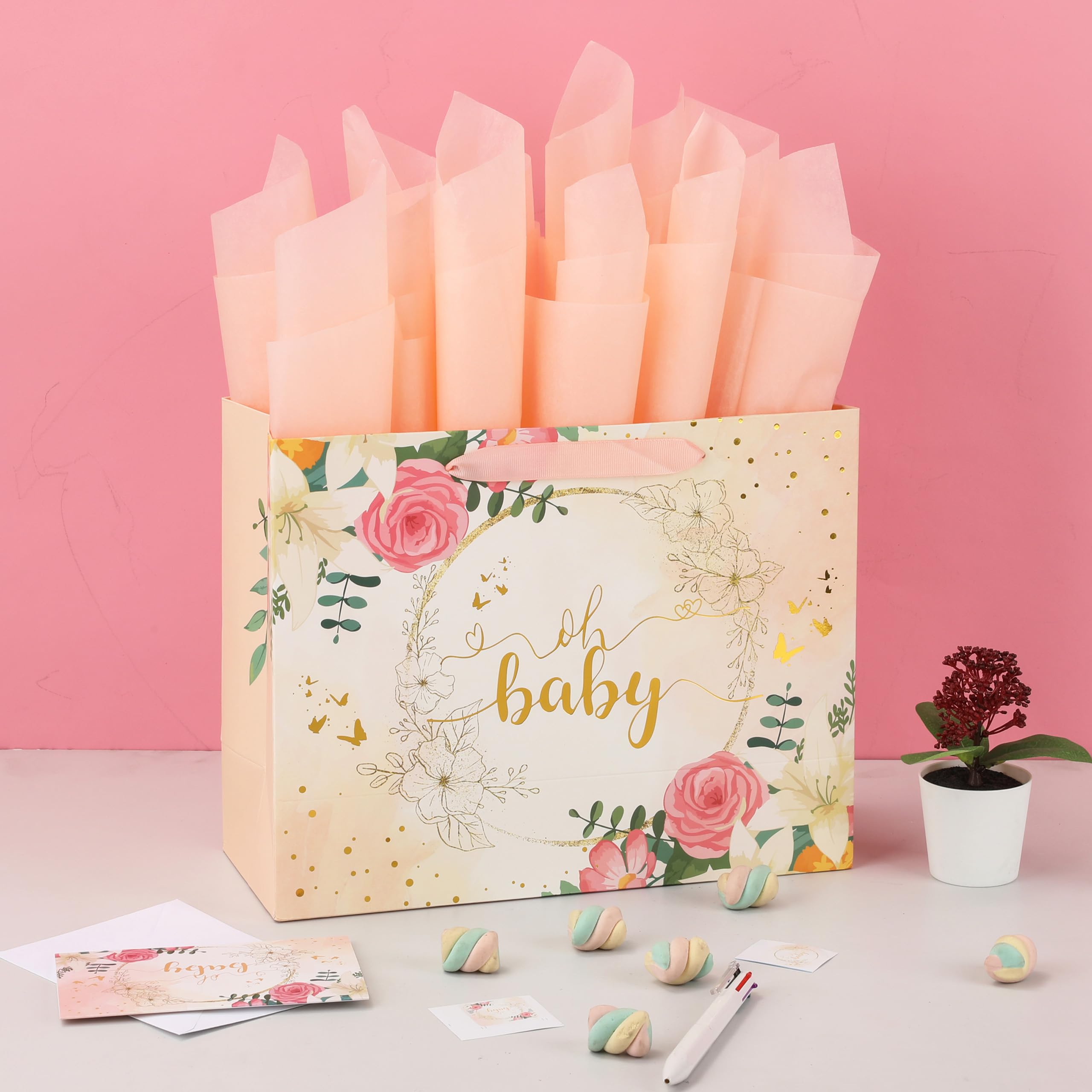 13" Large Light Orange Gift Bag Set with Greeting Card and Tissue Paper (Gold Foil ‘Oh Baby’) for Baby Shower, Baby Girl or Boy, Girls' Birthday Party, Women's Birthday Parties - 13”x5.2”x10.2”, 1 Pcs.