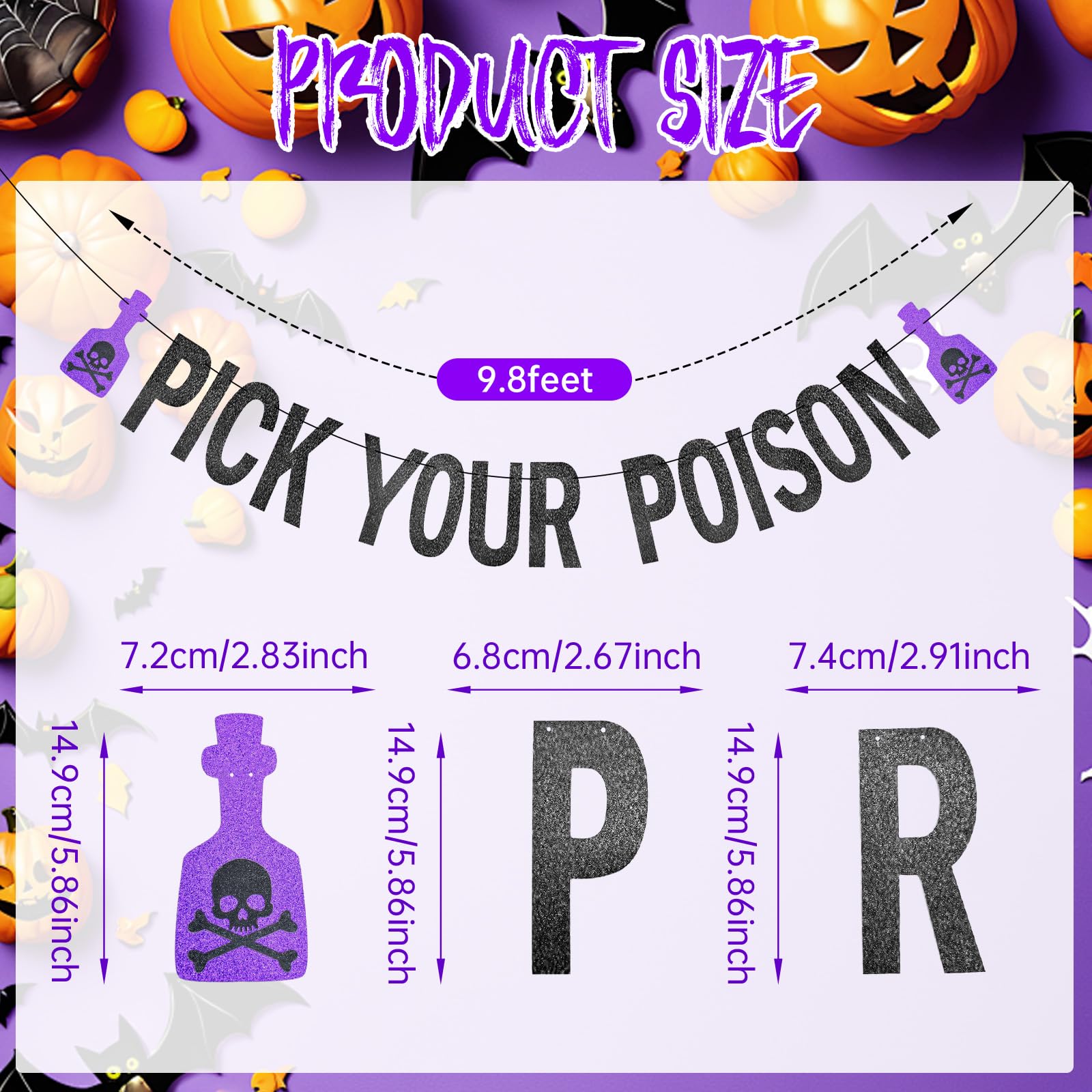 Black Glitter Pick Your Poison Banner - Halloween Hanging Paper Garland Bunting Banner with Purple Potion Bottle Decorations, Photo Backdrop for Wall Home Mantel Office Wall Scary Party Supplies