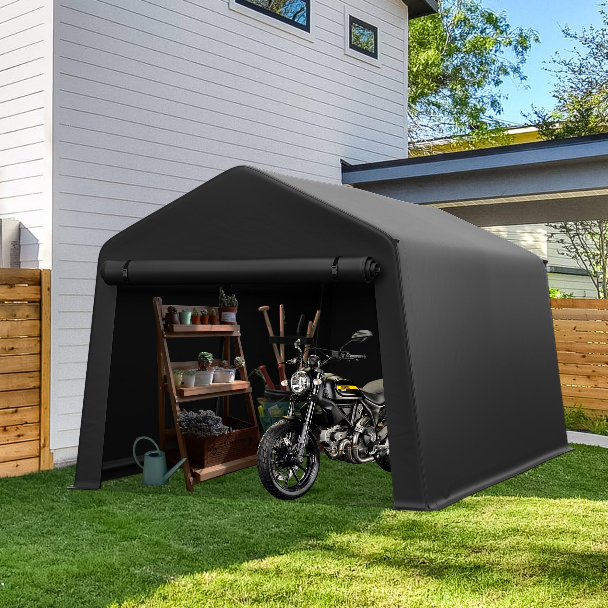 Real Relax Portable Storage Shed 8x14ft, Heavy Duty Outdoor Carport Canopy with Rolled up Zipper Door for Bikes, Motorcycles, Outdoor Tools