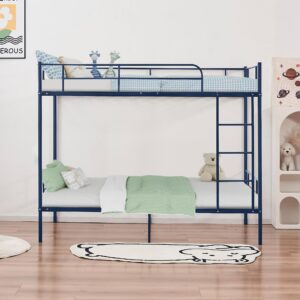 Bunk Bed Twin Over Twin, Twin Over Twin Bunk Bed with Metal Guardrail and Ladder, Heavy Duty Twin Bunk Beds for Boys, Girls, Teens, Adults, No Box Spring Needed, Noise Free (Navy Blue)