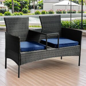 tinkle well wicker outdoor loveseat modern rattan 2-seat patio conversation set with cushions & built-in coffee table porch furniture for garden lawn backyard, black