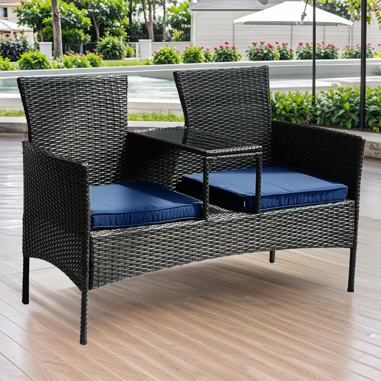 TINKLE WELL Wicker Outdoor Loveseat Modern Rattan 2-Seat Patio Conversation Set with Cushions & Built-in Coffee Table Porch Furniture for Garden Lawn Backyard, Black