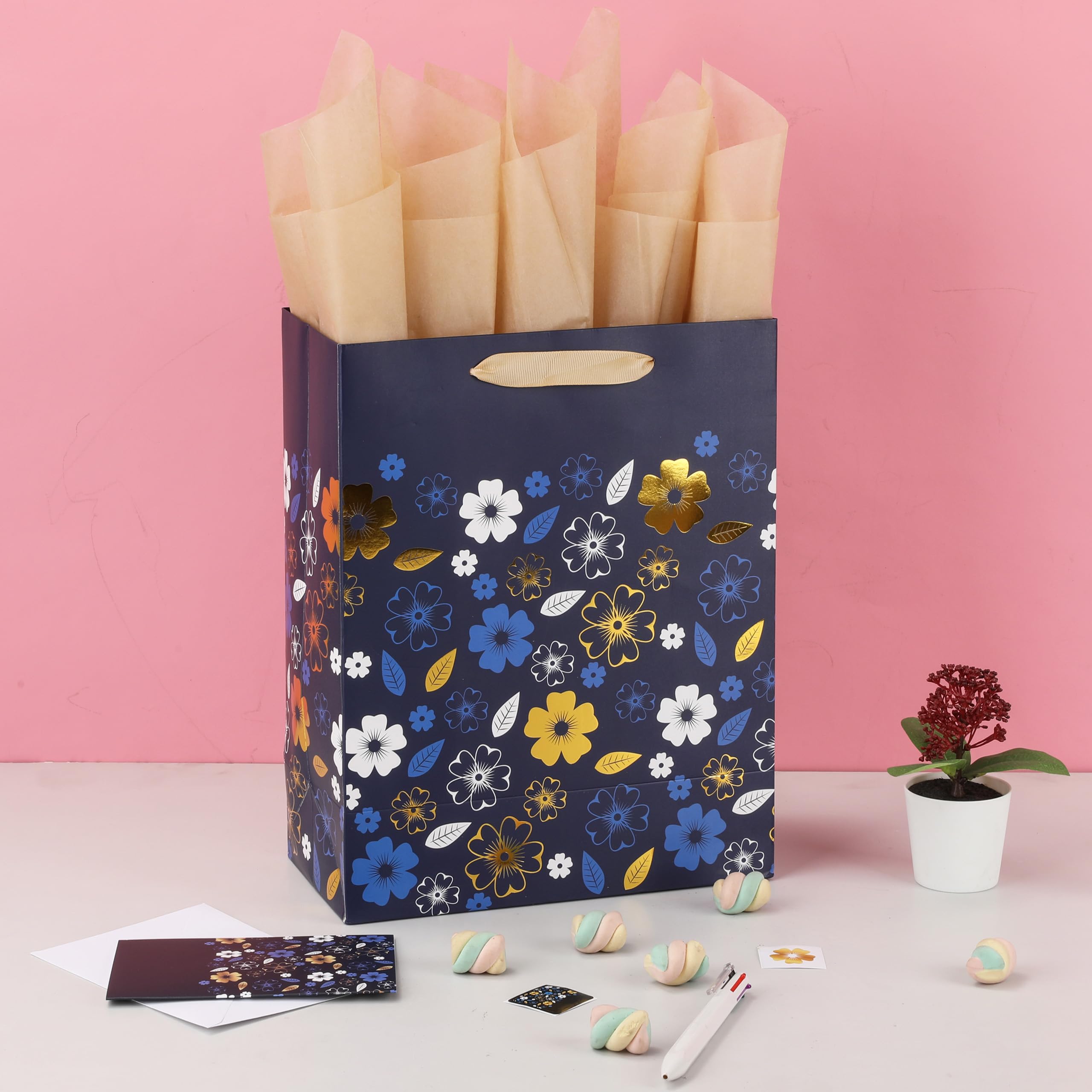 Qirrmiy 13” Large Deep Blue Gift Bag Set with Greeting Card and Tissue Paper (Gold Foil Flowers Design) for Celebrating Birthdays, Weddings, Anniversaries, Mother's Day - 10.2”x5.2”x13”, 1 Pcs.