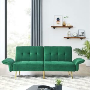 lopoo 78" italian velvet convertible futon sofa bed, modern sleeper loveseat couch with adjustable armrests, storage bags, gold stainless steel feet, tufted back, foam-filled, solid wood frame, green