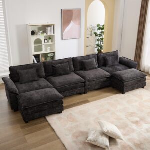 ipkig 154" oversized modular sectional sofa cloud couch, chenille large u-shaped couch comfy upholstered 4-seat sofa with 2 ottoman, 4 lumbar pillow, deep seat couch for living room (black)