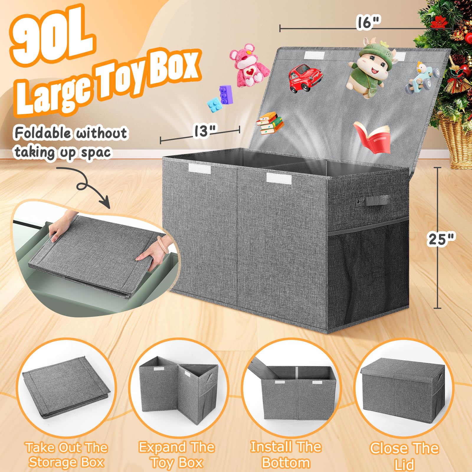 Large Toy Box, Collapsible Storage Bins with Lids, Toy Storage Organizer Toddler Bin Boxes for Kids, Boys, Girls, 25"x13"x16"Toy Chest Bin Box Baskets for Nursery, Living Room, Playroom, Bedroom, Gray