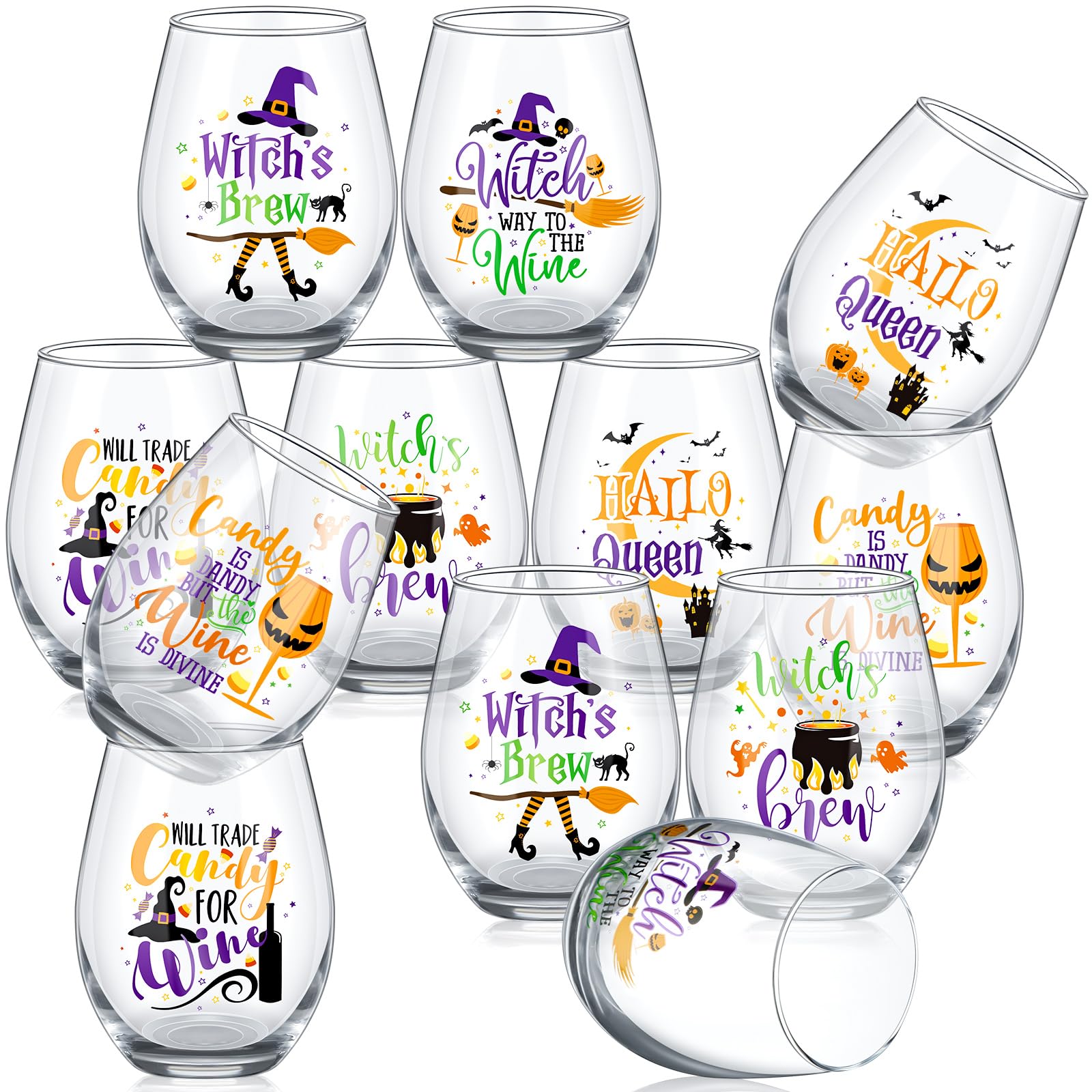 Maxcheck 12 Pcs Halloween Stemless Wine Glasses 15oz Witches Wine Glasses Hallo Queen Drinking Glasses Ice Coffee Beer Beverages Clear Tumbler Cup Halloween Gifts for Women Men Party Event Decorations