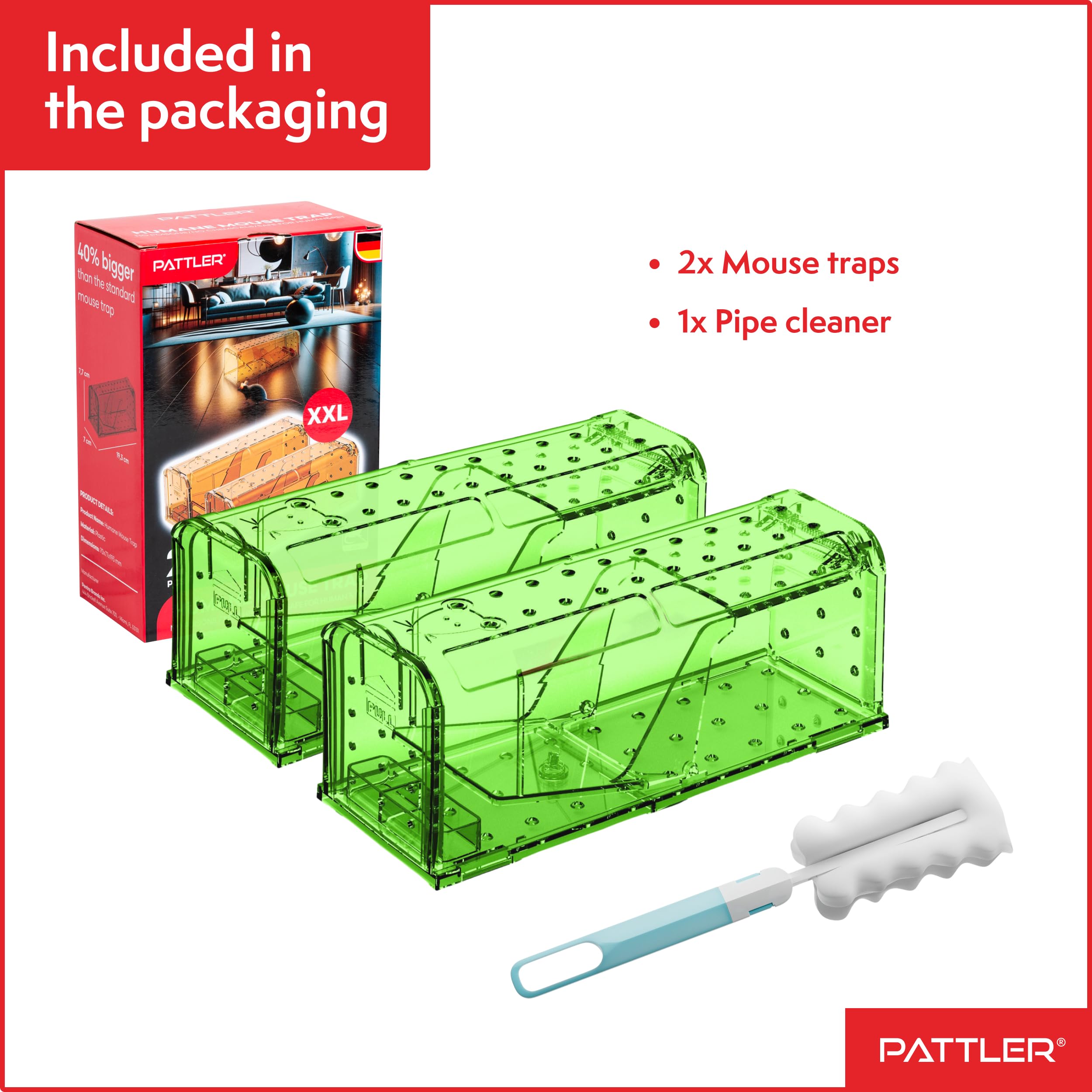 PATTLER® | New Large Humane Mouse Trap for Indoor and Outdoor Home | Mechanical Reusable Live Mouse Traps Catch and Release Mice from Garden, Garage, Attic, Inn, Hotel | Green | Pack of 2