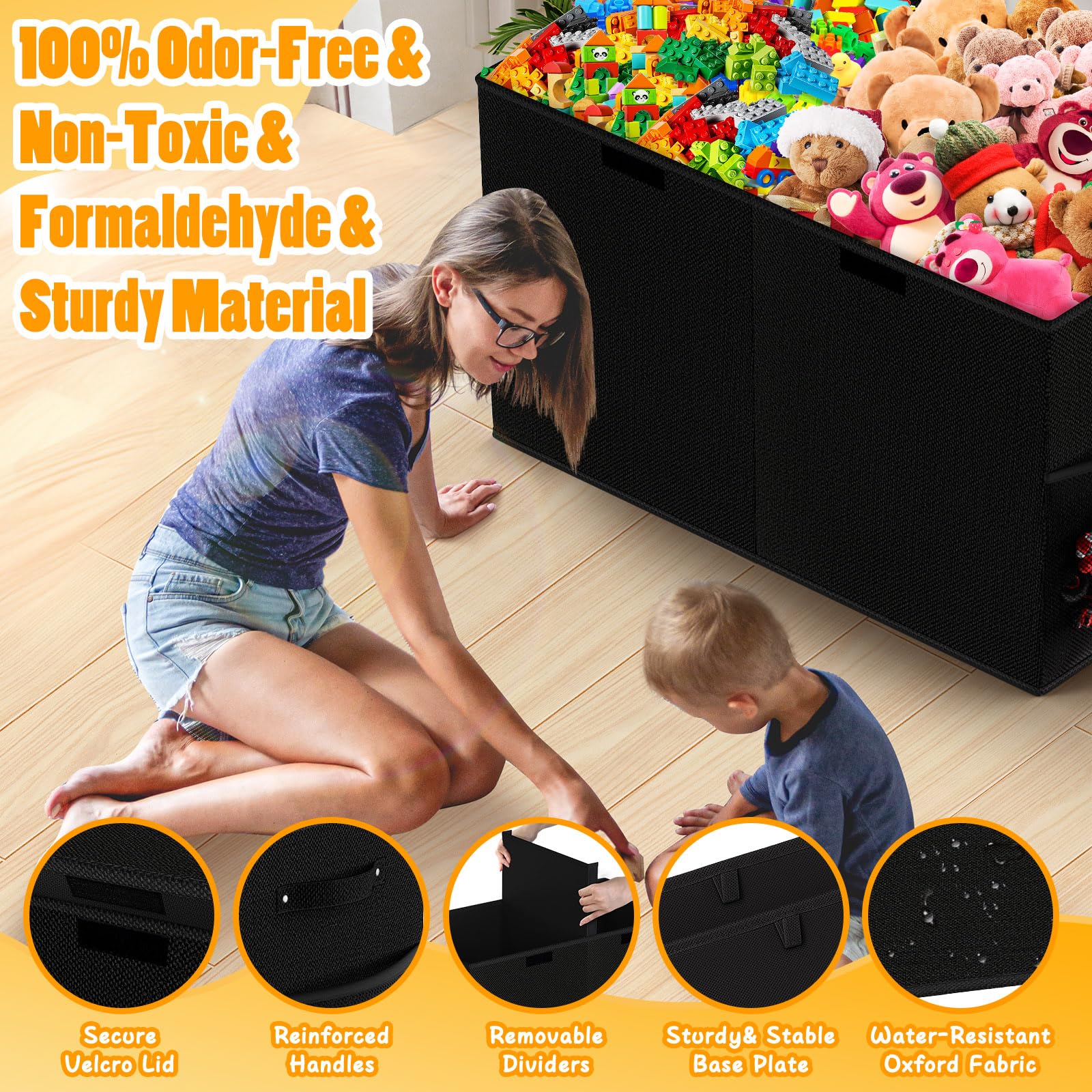 Large Toy Box, Collapsible Storage Bins with Lids, Toy Storage Organizer Toddler Bin Boxes for Kids Boys Girls, 25"x13"x16"Toy Chest Bin Box Baskets for Nursery, Living Room, Playroom, Bedroom, Black