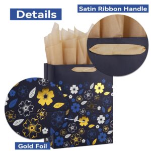 Qirrmiy 13” Large Deep Blue Gift Bag Set with Greeting Card and Tissue Paper (Gold Foil Flowers Design) for Celebrating Birthdays, Weddings, Anniversaries, Mother's Day - 10.2”x5.2”x13”, 1 Pcs.