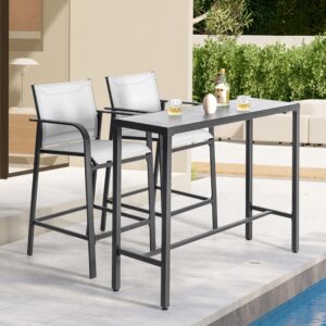 nuu garden 3 piece outdoor bar set, 2 textilene high bar stools and 1 patio bar table, all-weather powder-coated frame, ergonomic back with curved armrests, for patio, deck, garden, black and gray