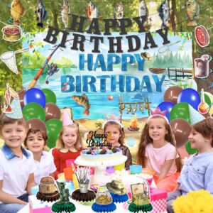 Roetyce Gone Fishing Birthday Decorations, 34PCS Fishing Birthday Banner Balloons Hanging Swirls Centerpieces Cake Topper Kit, Gone Fishin Happy Birthday Backdrop for Kids, Angler Birthday Party Decor