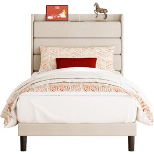 LIKIMIO Twin XL Bed Frames, Storage Headboard with Outlets, Sturdy and Stable, No Noise, No Box Springs Needed, Beige