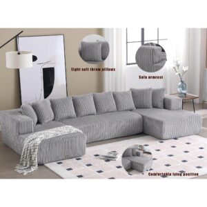 VnndeNest 131" Modular Sectional Couch, Comfy Corduroy Striped Fabric Floor Sofa, Luxury U-Shape Sectional Sofa with Chaise Lounge, Free Combination Sleeper Sofa for Living Room, Apartment, Grey