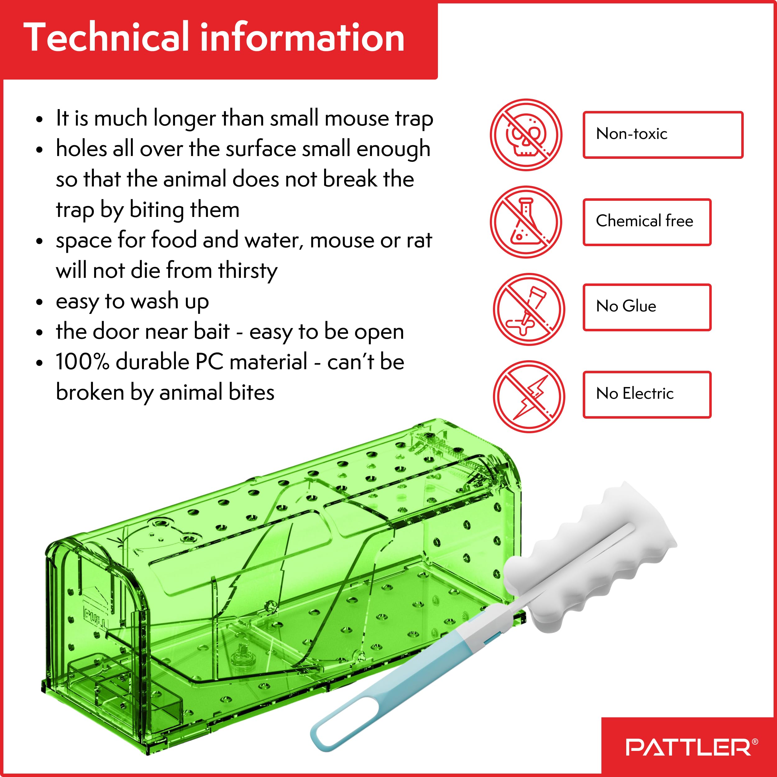 PATTLER® | New Large Humane Mouse Trap for Indoor and Outdoor Home | Mechanical Reusable Live Mouse Traps Catch and Release Mice from Garden, Garage, Attic, Inn, Hotel | Green | Pack of 2