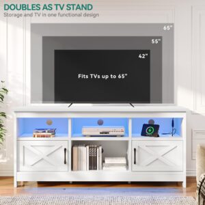 YITAHOME Farmhouse TV Stand with Power Outlet, LED Light Entertainment Center for TVs up to 65 Inch, TV Cabinet with Storage, Rustic Media Console for Living Room, 59" White