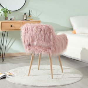 Homfii Cute Faux Fur Fuzzy White Small Makeup Vanity Chairs with Wood-Like Metal Legs Fluffy Furry Office Desk Chairs for Women Kids Teen Girls