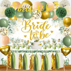 syuebt bridal shower decorations sage green, bachelorette party decorations kit ,bride to be backdrop,tassel,balloons, pompoms,cake topper for bride to be wedding bachelorette party decor supplies