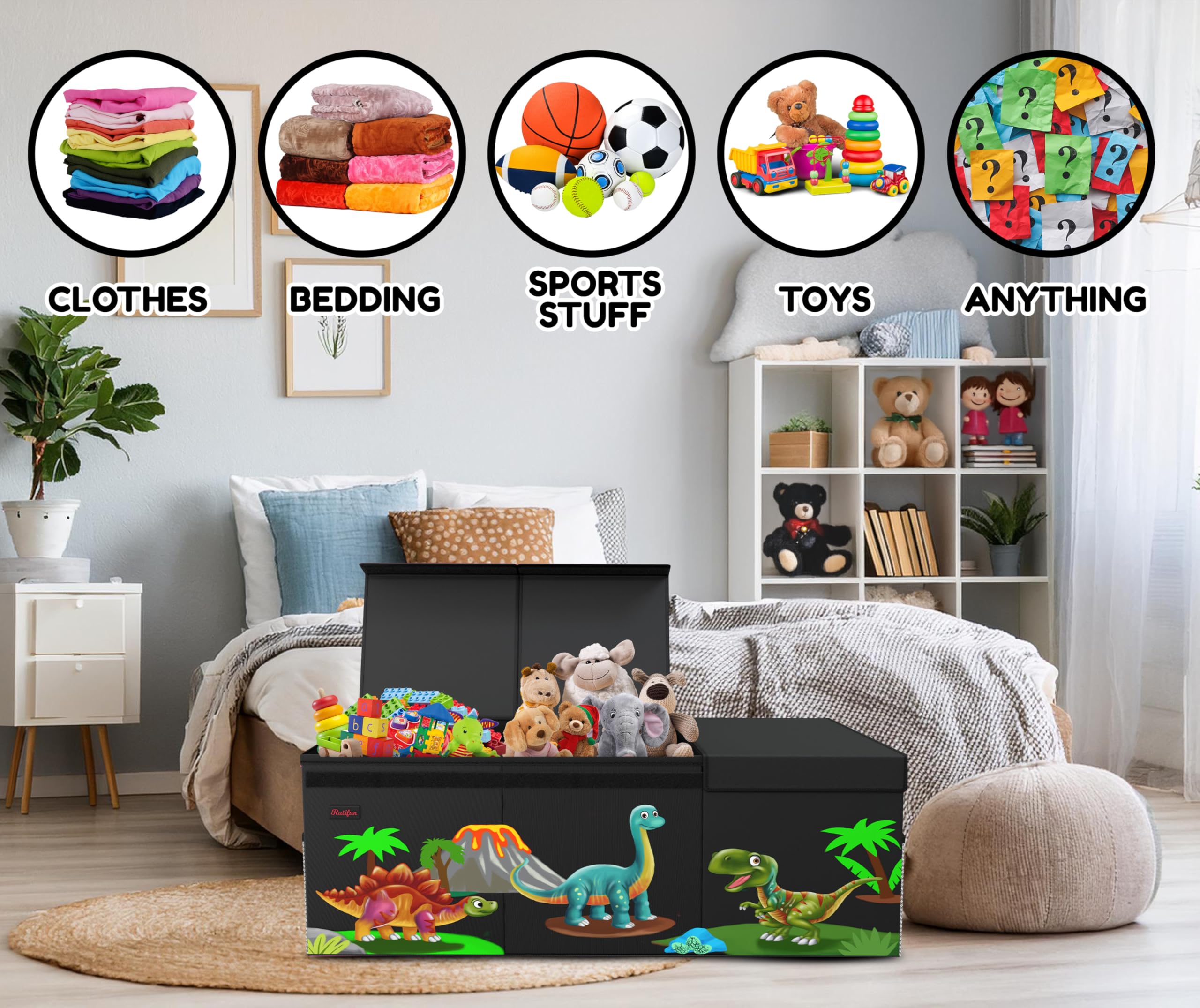 RUTIFUN Extra Large Toy Basket, Collapsible Toy Storage Organizer, Large Toy Chest Basket with Lid, Dinosaur Toy Storage Bin for Boys Girls, Toy Bins for Kids, Toy Box for Toddlers Living Room, Black