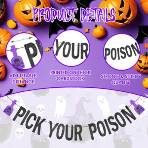 Black Glitter Pick Your Poison Banner - Halloween Hanging Paper Garland Bunting Banner with Purple Potion Bottle Decorations, Photo Backdrop for Wall Home Mantel Office Wall Scary Party Supplies