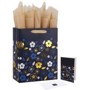 qirrmiy 13” large deep blue gift bag set with greeting card and tissue paper (gold foil flowers design) for celebrating birthdays, weddings, anniversaries, mother's day - 10.2”x5.2”x13”, 1 pcs.