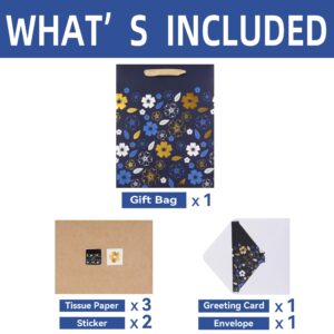 Qirrmiy 13” Large Deep Blue Gift Bag Set with Greeting Card and Tissue Paper (Gold Foil Flowers Design) for Celebrating Birthdays, Weddings, Anniversaries, Mother's Day - 10.2”x5.2”x13”, 1 Pcs.