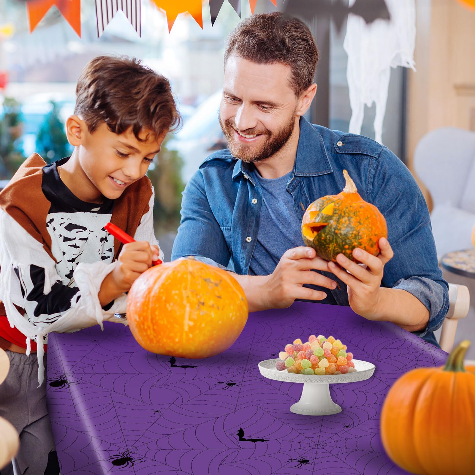 Halloween Tablecloth Plastic Disposable - Table Cloth Cover Party Decorations for Rectangle Tables Black Spider Web Purple Orange 54x108 Inch(3 Pack)