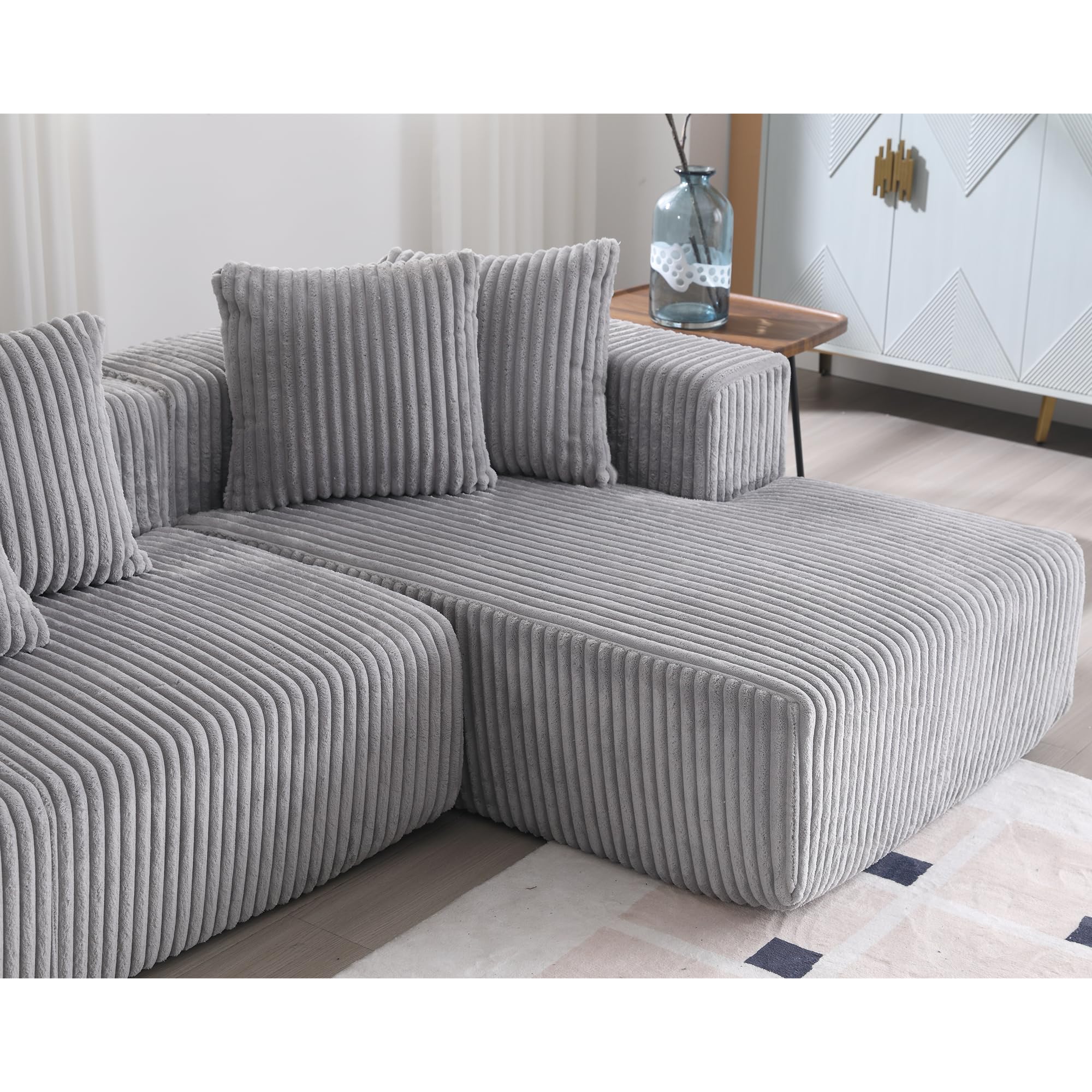 VnndeNest 131" Modular Sectional Couch, Comfy Corduroy Striped Fabric Floor Sofa, Luxury U-Shape Sectional Sofa with Chaise Lounge, Free Combination Sleeper Sofa for Living Room, Apartment, Grey