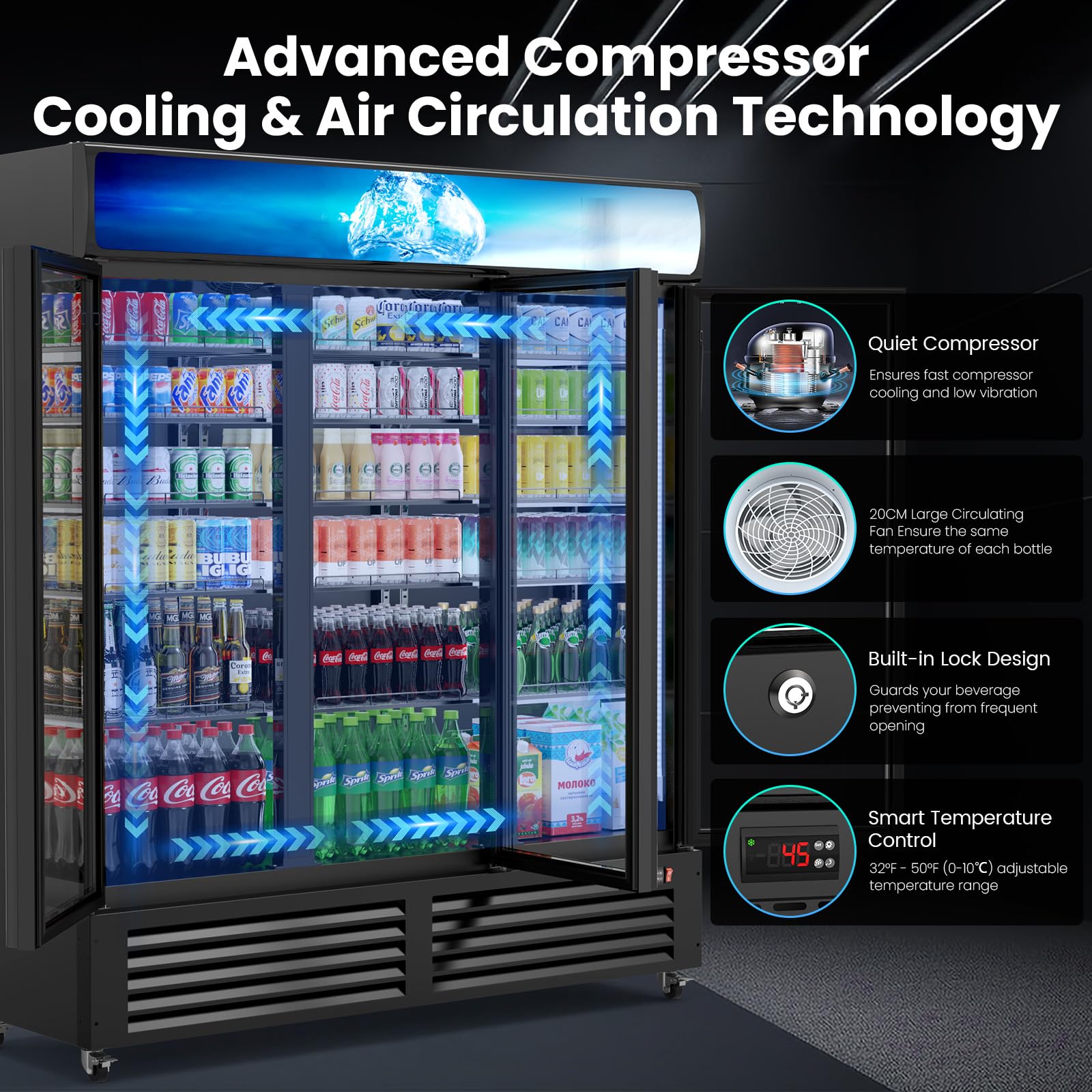 Mojgar 56 Cu Ft Commercial Display Fridge for Beverage,3 Glass Door Upright Refrigerator Merchandiser with Front LED Light,Large Freestanding Compact Slim Business Cooler for Shop,Restaurant,Apartment