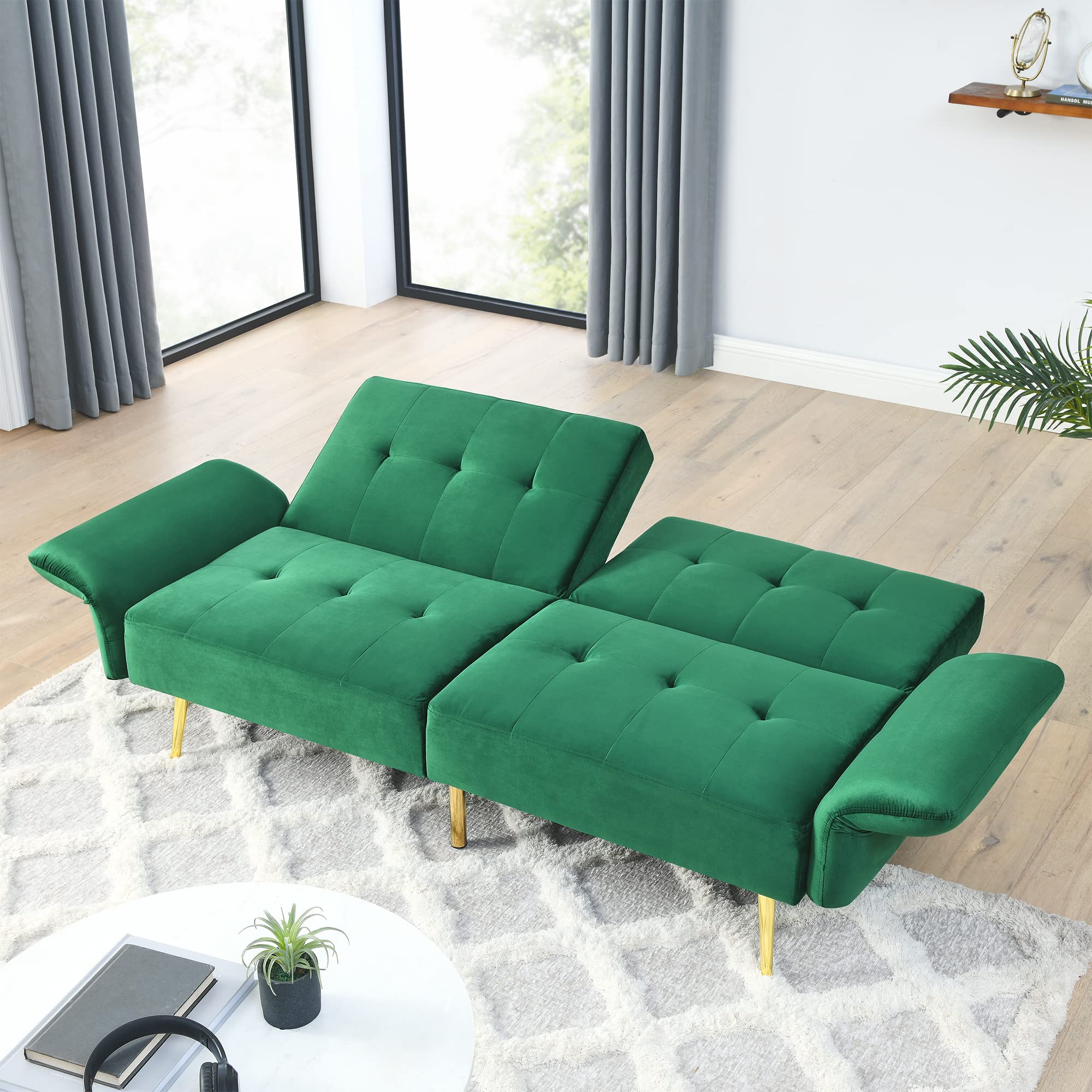 LOPOO 78" Italian Velvet Convertible Futon Sofa Bed, Modern Sleeper Loveseat Couch with Adjustable Armrests, Storage Bags, Gold Stainless Steel Feet, Tufted Back, Foam-Filled, Solid Wood Frame, Green