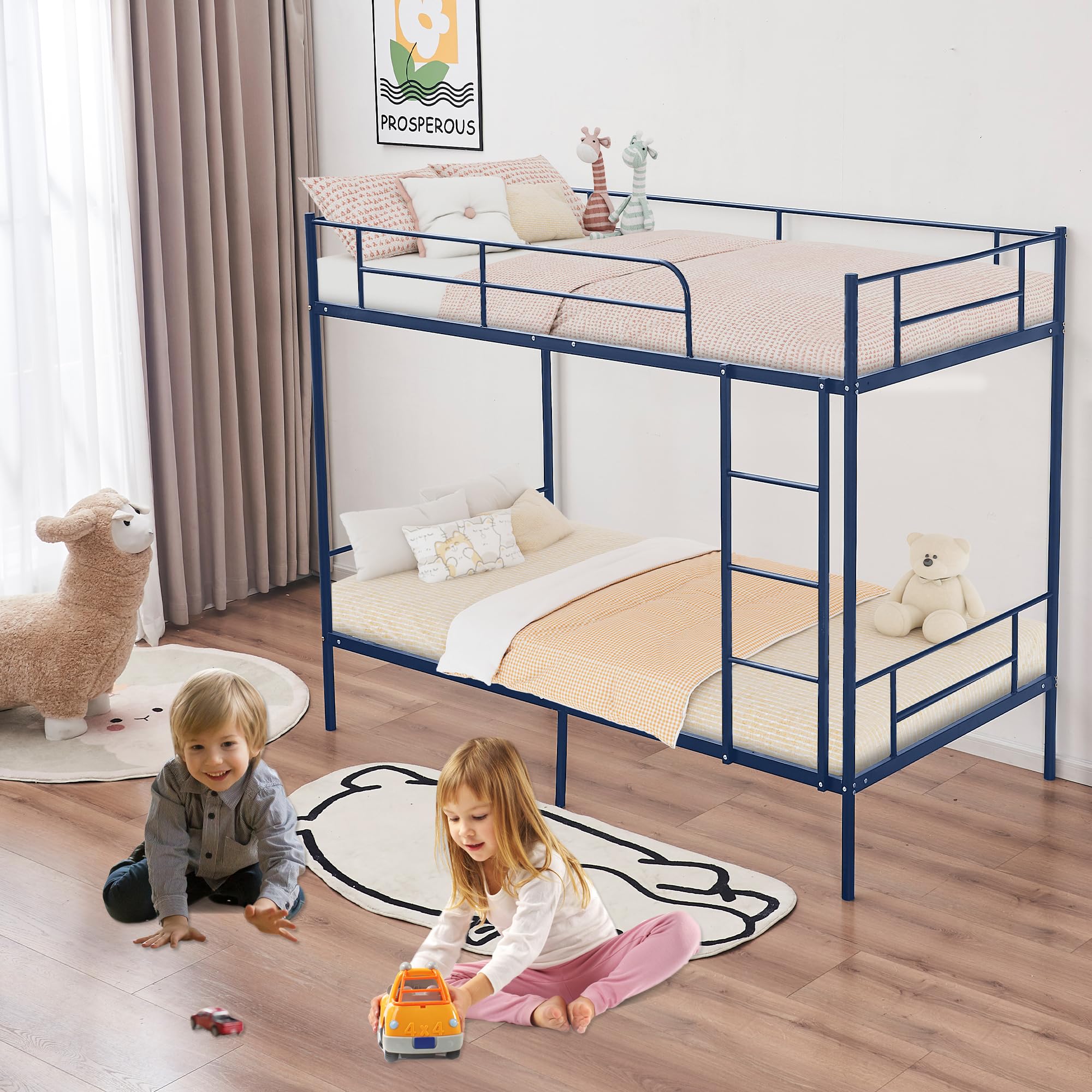 Bunk Bed Twin Over Twin, Twin Over Twin Bunk Bed with Metal Guardrail and Ladder, Heavy Duty Twin Bunk Beds for Boys, Girls, Teens, Adults, No Box Spring Needed, Noise Free (Navy Blue)