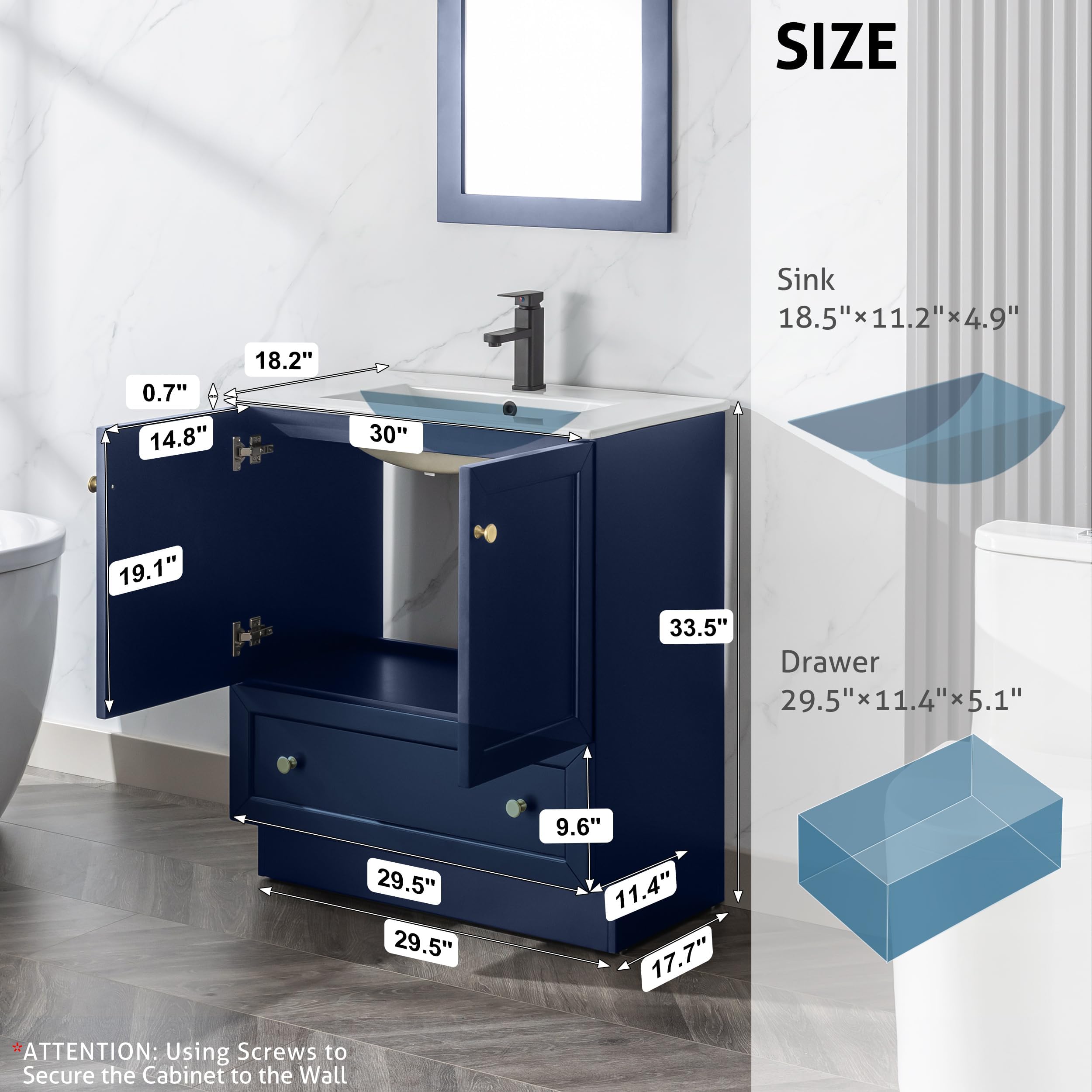 eclife 30" Bathroom Vanity Cabinet Sink Combo Set with Kitchen Base Design, Painted Solid Wood Construction Cabinet with Single Ceramic Sink, Double-Doors and Drawers, Shaker Style, Navy Blue