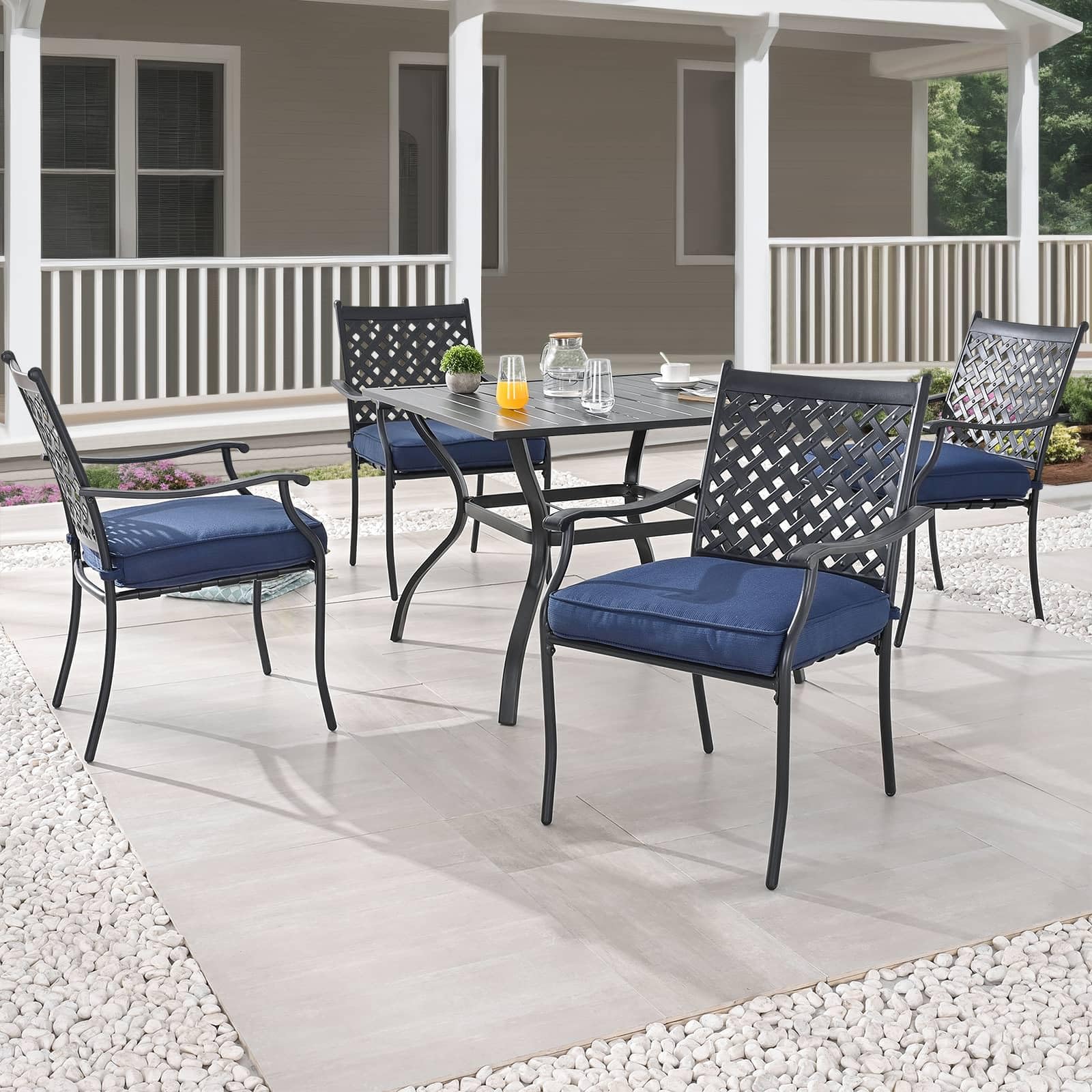 PatioFestival Patio Dining Set 5Pcs Heavy Duty Metal Outdoor Furniture Sets Square Table with 4 Stackable Chairs Blue Cushion