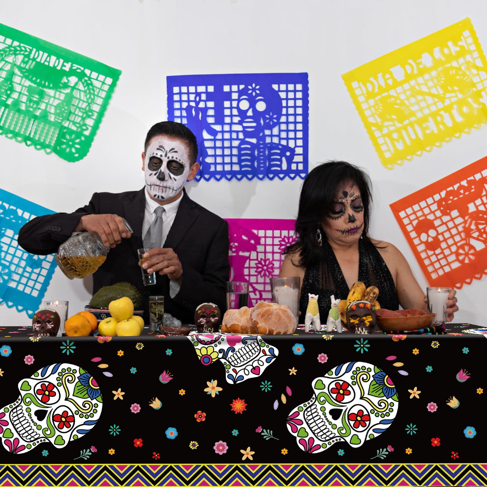 Lemicin 3 Pack Day of The Dead Tablecloths, Sugar Skulls Floral Table Large Size Disposable Plastic Rectangular Tablecloths for Home Decor Mexican Fiesta Table Party Decorations, 54x108 Inch