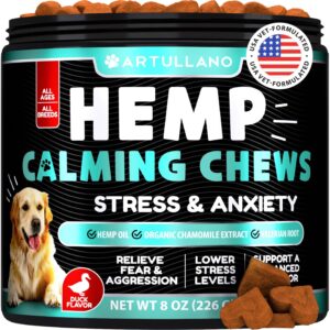 artullano hemp calming chews for dogs - advanced dog calming chews - anxiety relief treats - dog anxiety relief - health and wellness supplements for dogs - hip and joint support - 120 chews