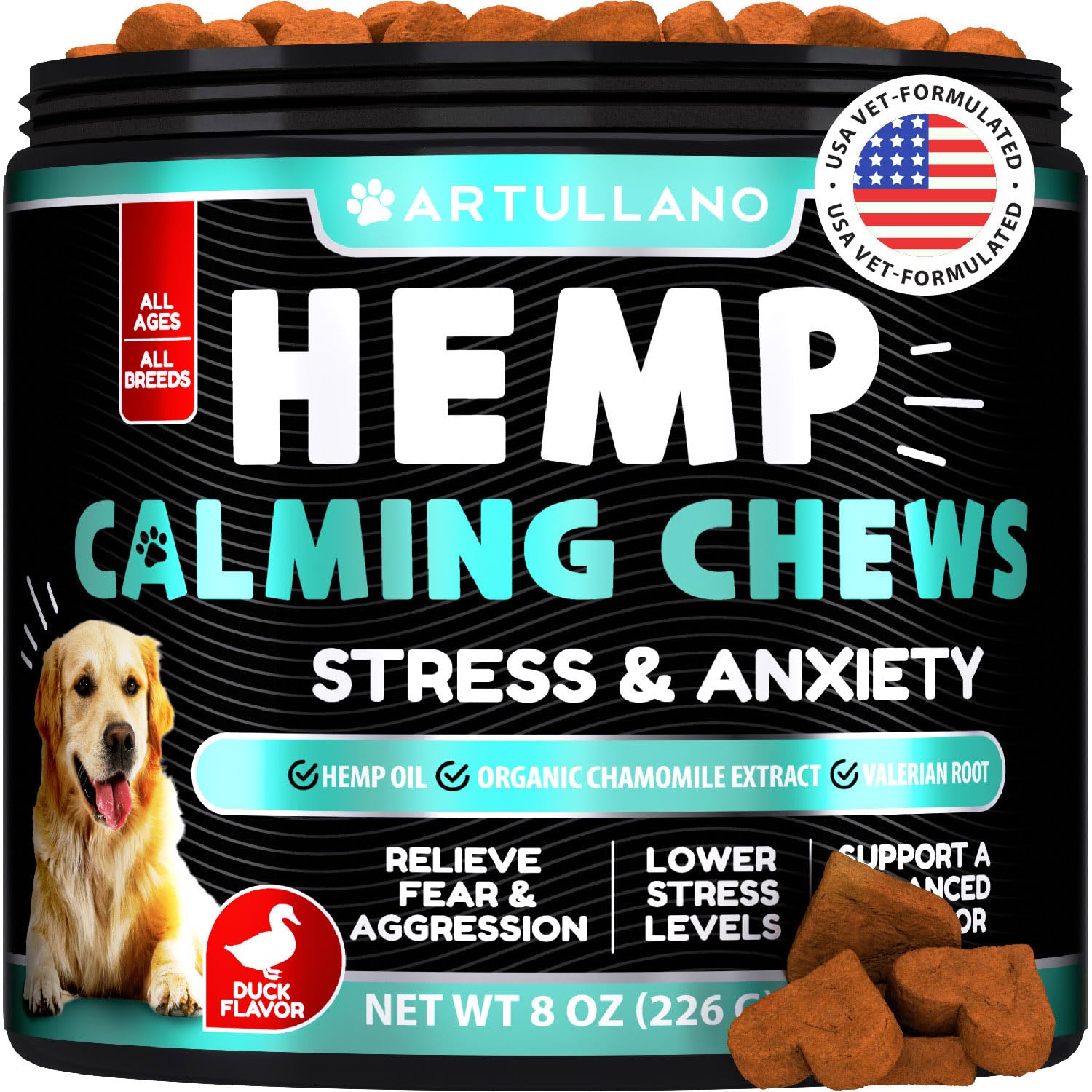 Artullano Hemp Calming Chews for Dogs - Advanced Dog Calming Chews - Anxiety Relief Treats - Dog Anxiety Relief - Health and Wellness Supplements for Dogs - Hip and Joint Support - 120 Chews