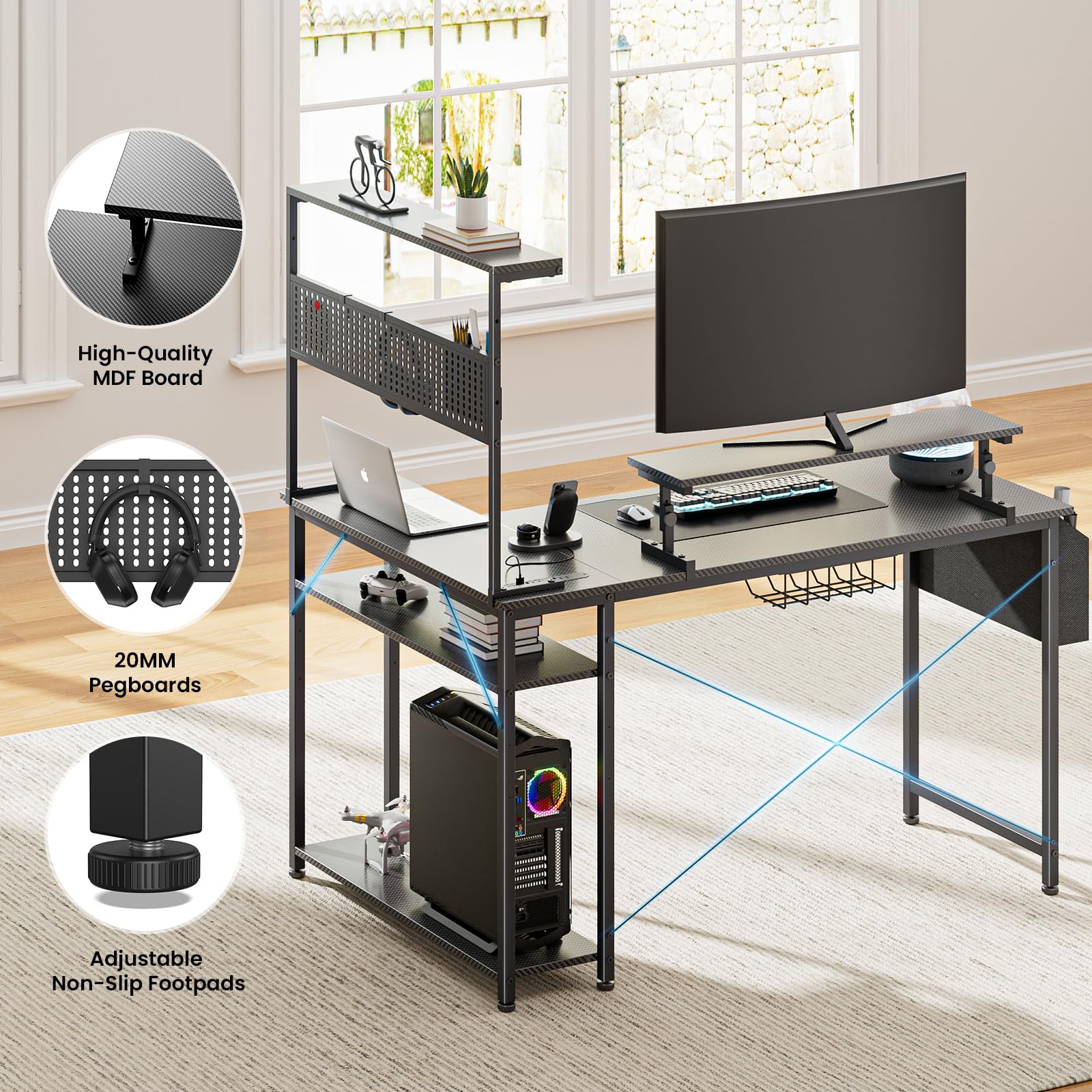 DOMICON 52 Inch L Shaped Gaming Desk with DIY Pegboard, Computer Desk with Monitor Stand, Power Outlets & LED Lights, Reversible Office Desk