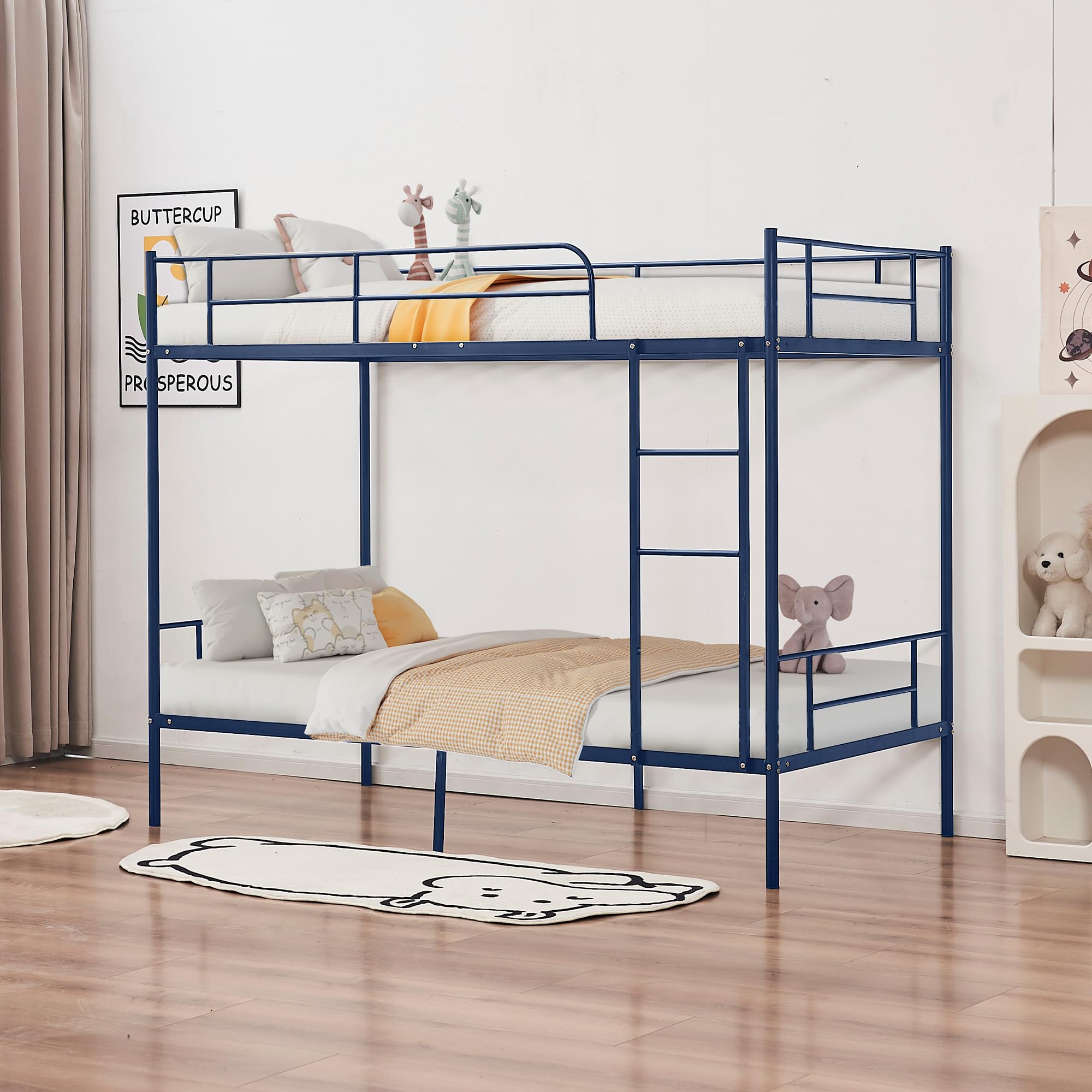 Bunk Bed Twin Over Twin, Twin Over Twin Bunk Bed with Metal Guardrail and Ladder, Heavy Duty Twin Bunk Beds for Boys, Girls, Teens, Adults, No Box Spring Needed, Noise Free (Navy Blue)