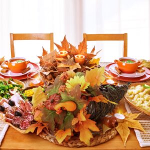 Knitgrip Thanksgiving Table Cornucopia Centerpiece Fall Table Centerpiece Pumpkin Maple Leaves Harvest Cornucopia Basket Decoration for Fall Autumn Thanksgiving Dining Table Centerpiece (Orange)