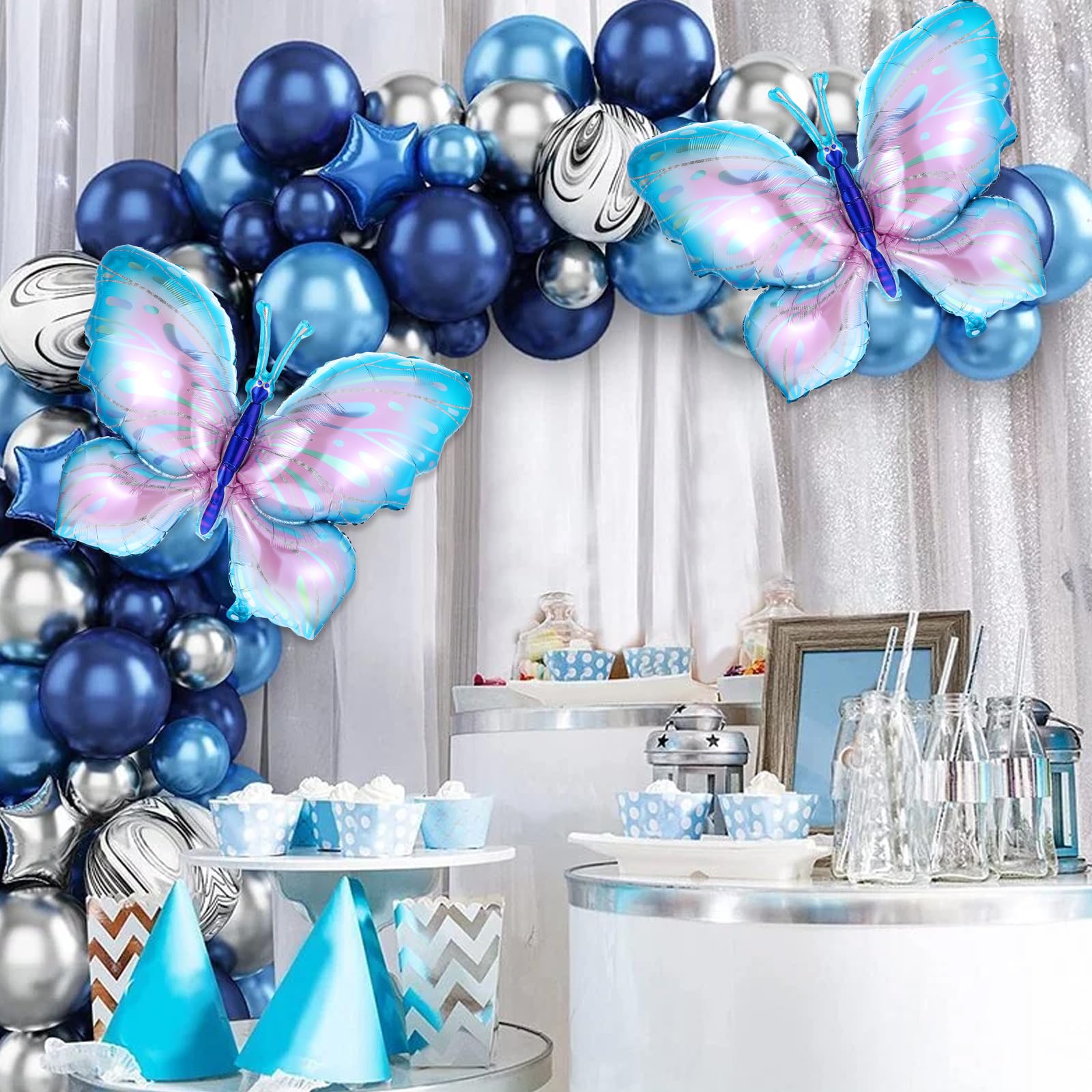 Butterfly Birthday Decorations, 6Pcs 40Inch Large Beautiful Butterfly Foil Mylar Balloons Butterfly Themed Birthday Party Decors for Girls, Baby Shower Decorations (Pink/Blue/Purple)