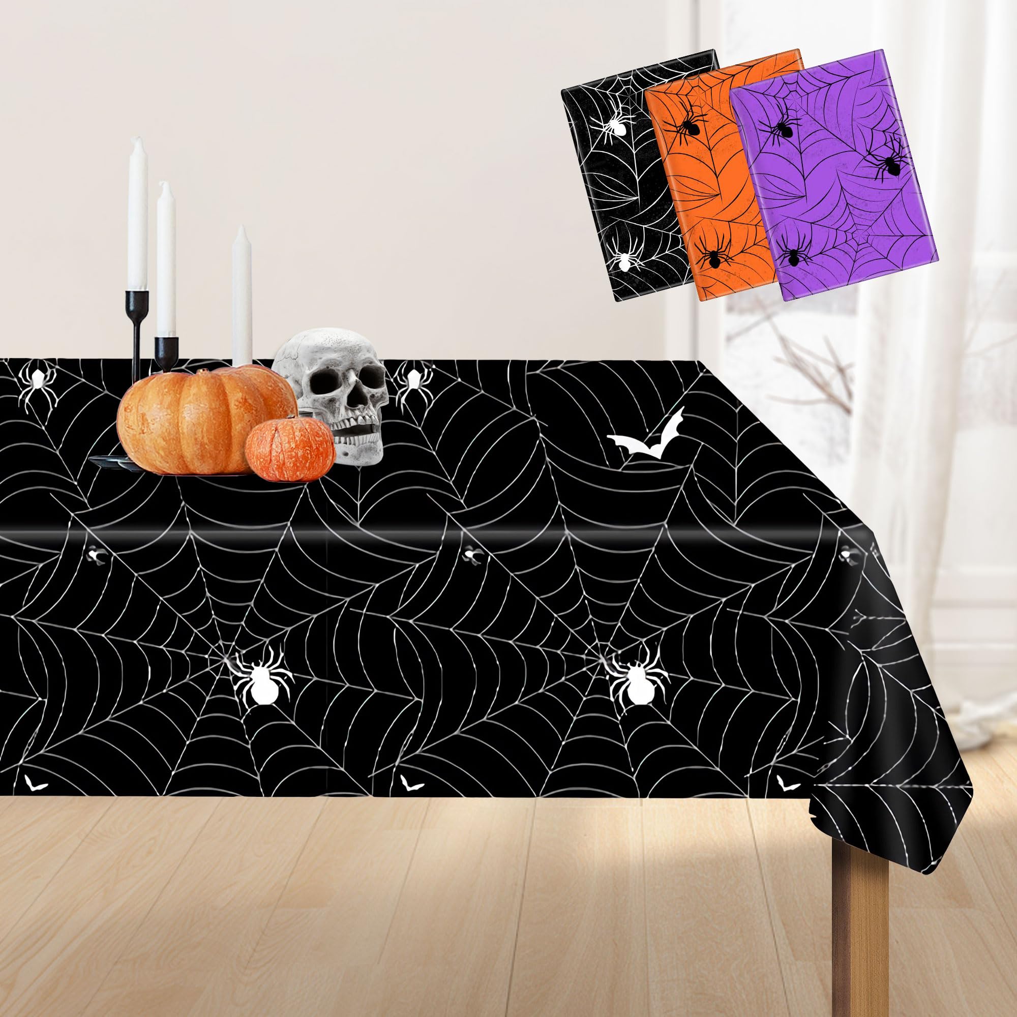 Halloween Tablecloth Plastic Disposable - Table Cloth Cover Party Decorations for Rectangle Tables Black Spider Web Purple Orange 54x108 Inch(3 Pack)