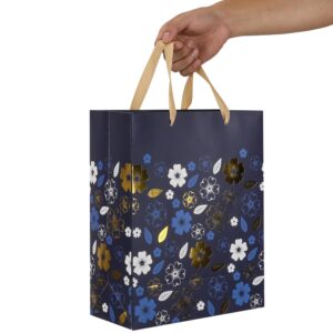 Qirrmiy 13” Large Deep Blue Gift Bag Set with Greeting Card and Tissue Paper (Gold Foil Flowers Design) for Celebrating Birthdays, Weddings, Anniversaries, Mother's Day - 10.2”x5.2”x13”, 1 Pcs.