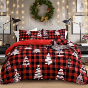 dobuyly christmas duvet cover queen size, red plaid christmas tree printed duvet cover set, soft microfiber buffalo check christmas bedding set 3 piece