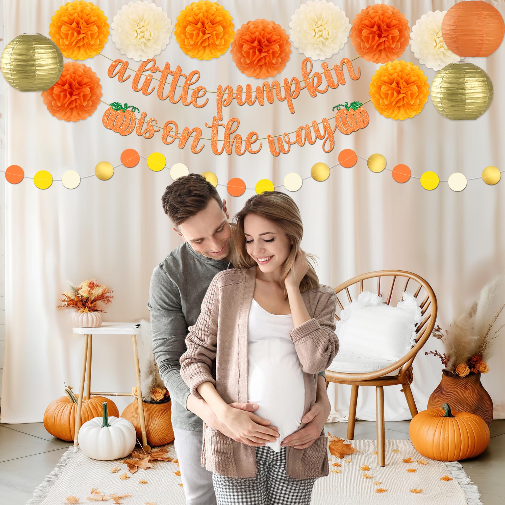 Kriyokiaa Little Pumpkin Baby Shower Decorations 14 Pcs Fall Baby Shower Decorations with A Little Pumpkin Is On The Way Banner, Tissue Pom-Poms, Paper Lantern