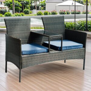 tinkle well wicker outdoor loveseat modern rattan 2-seat patio conversation set with cushions & built-in coffee table porch furniture for garden lawn backyard, brown