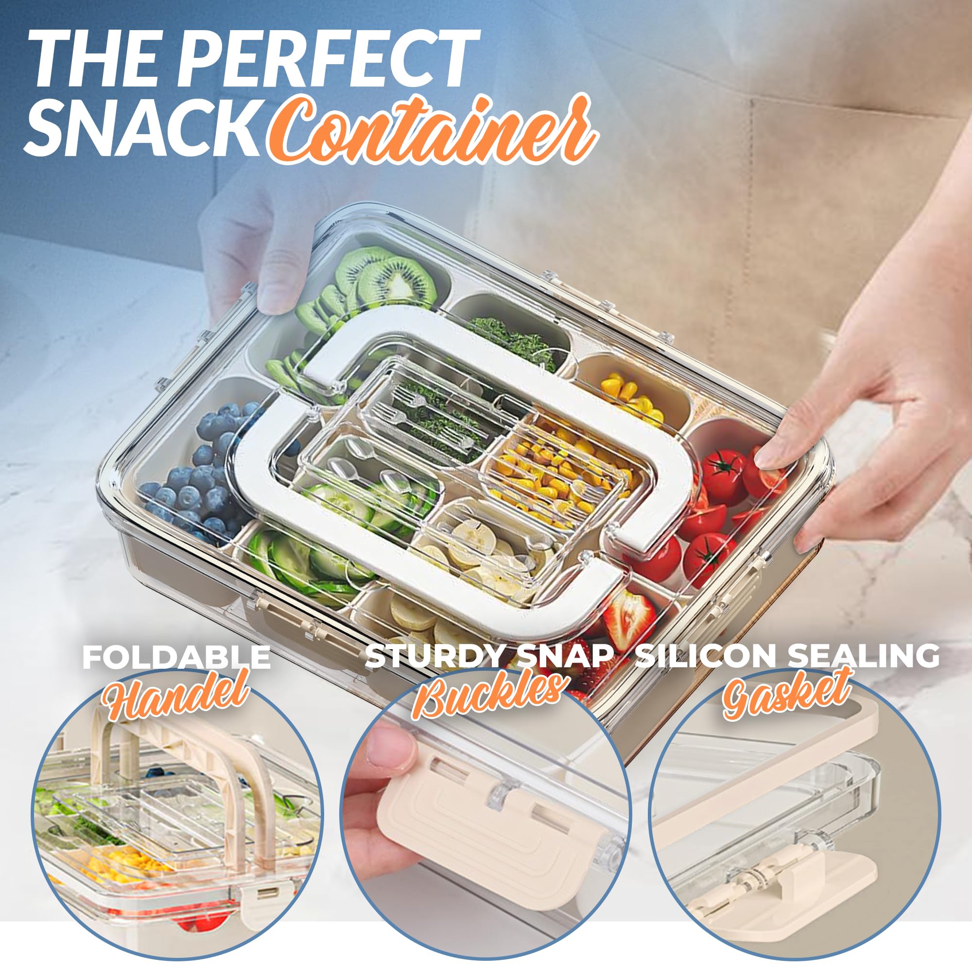 ZELECKS Portable Snackle Box Container - Snackable Box Organizer with 8 Big Compartments for Fruits, Veggies, Nuts, Candies and Snacks