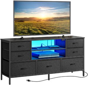 huuger dresser for bedroom with power outlets and led lights, 7 drawers tv stand dresser for 55 inch tv, 47 inches tv console with open shelf, wide black dresser, pu leather, for bedroom